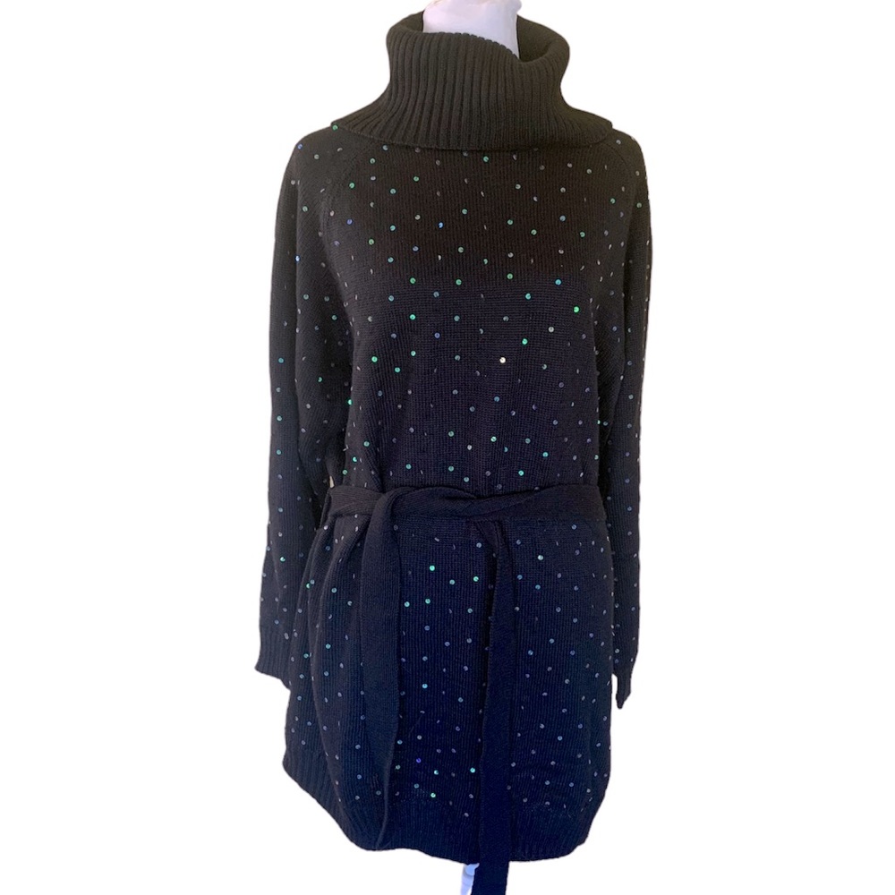Silhouettes Black Belted Sequined Wool Turtleneck Tunic Sweater Size 1x